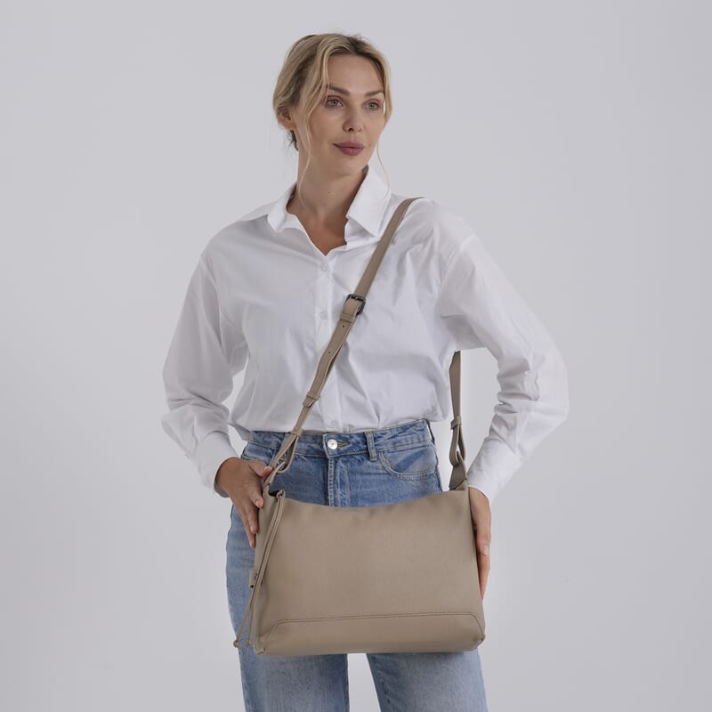 La Marey Beige Genuine Leather Crossbody Bag with Shoulder Strap