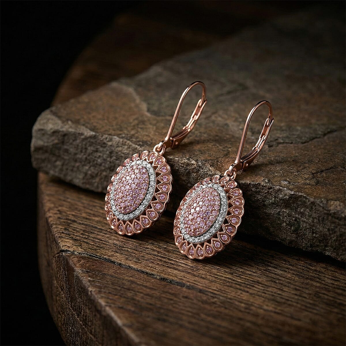 D'Joy Natural Pink and White Diamond I3 1.00 ctw Petal Crown Earrings in 18K Vermeil Rose Gold Over Sterling Silver image number 1