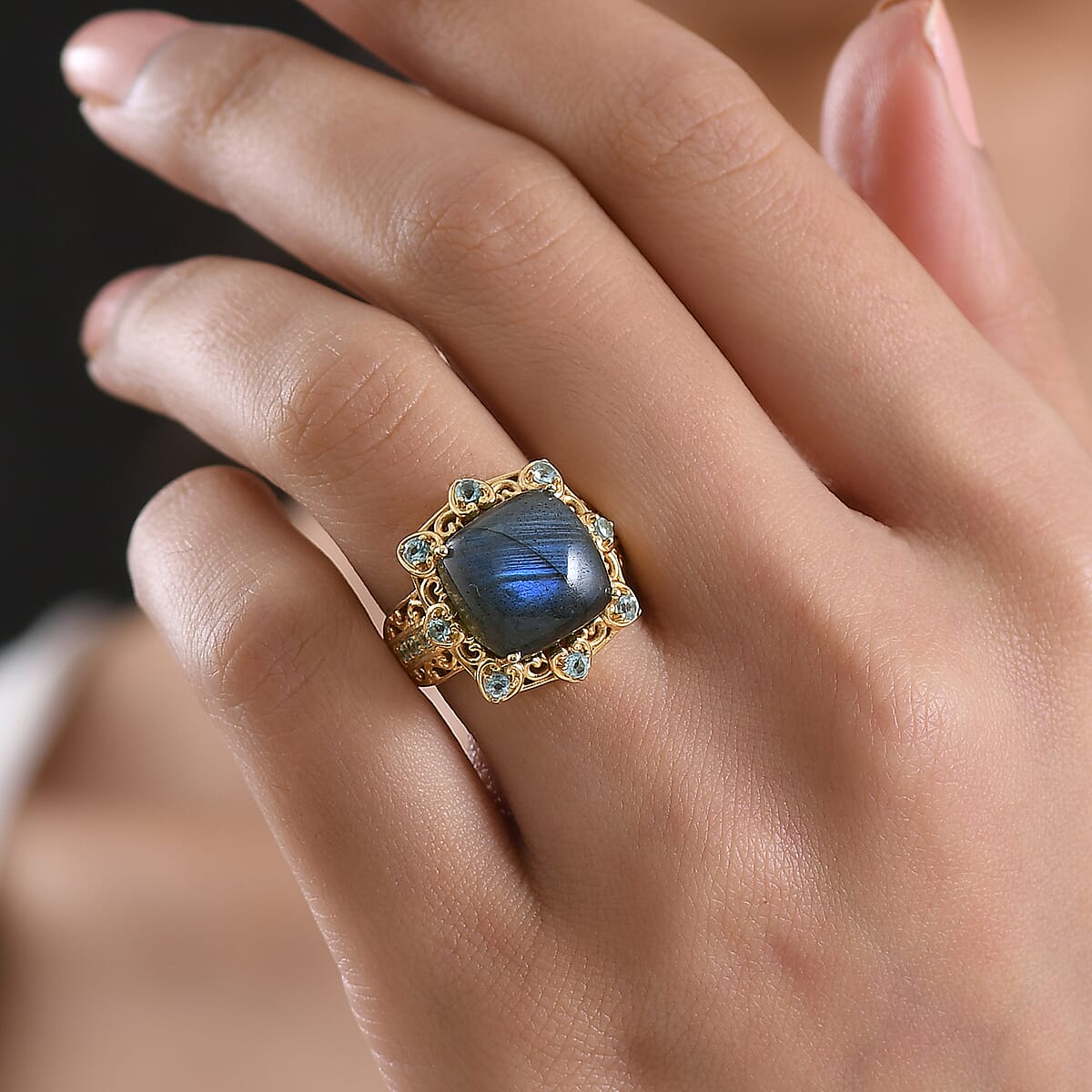 EverTrue Malagasy Labradorite and Apatite 8.90 ctw Ring in 18K Yellow Gold Plated (Size 8.0) image number 2