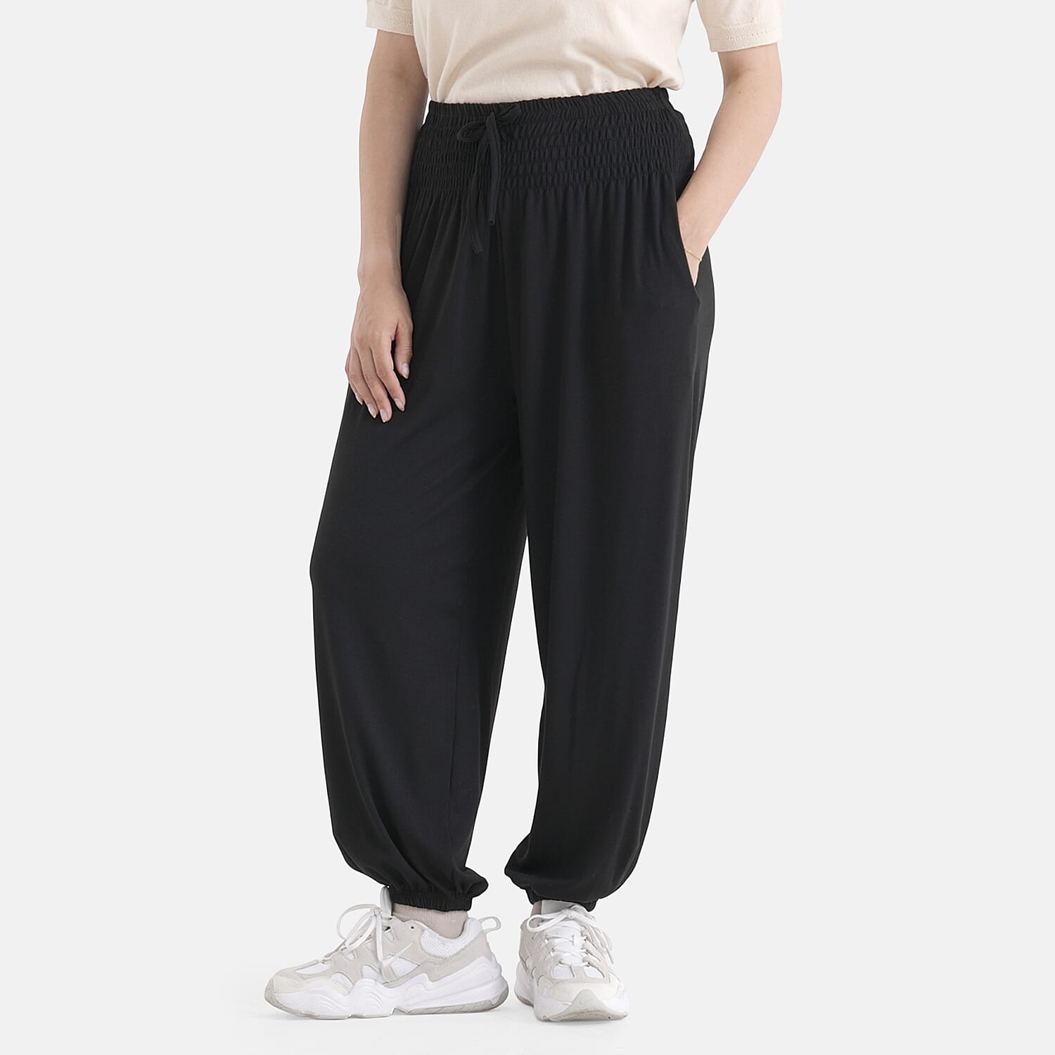 La Marey Black knit Wear Smocked Waist Pants with Elastic Ankles