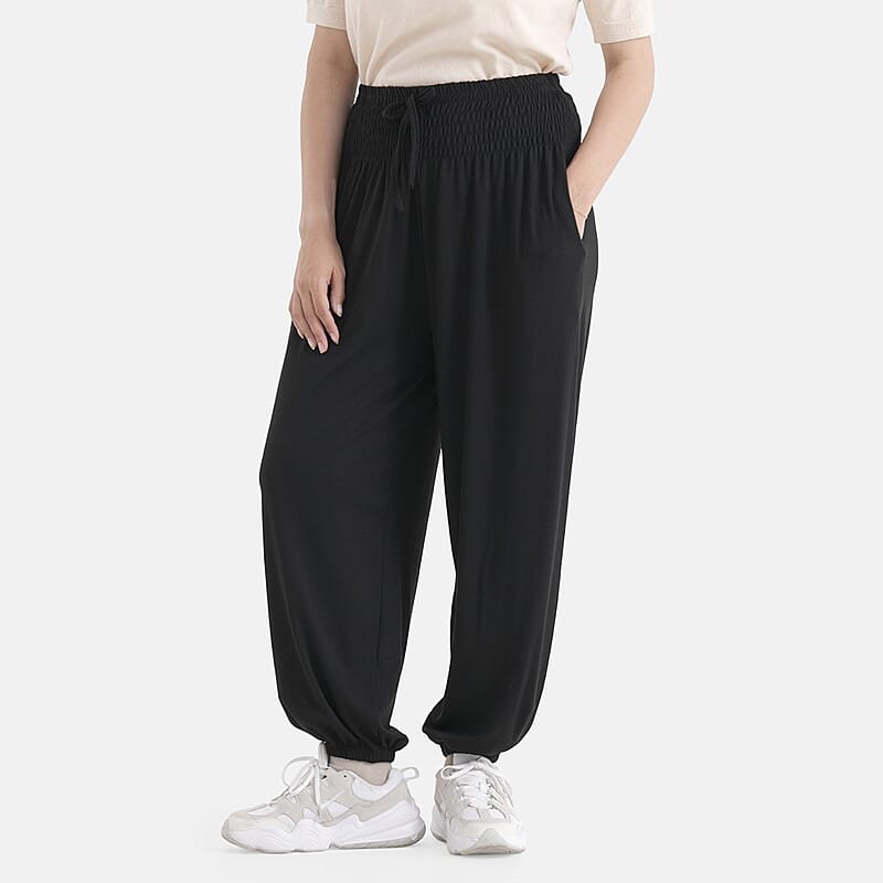 La Marey Black knit Wear Smocked Waist Pants with Elastic Ankles