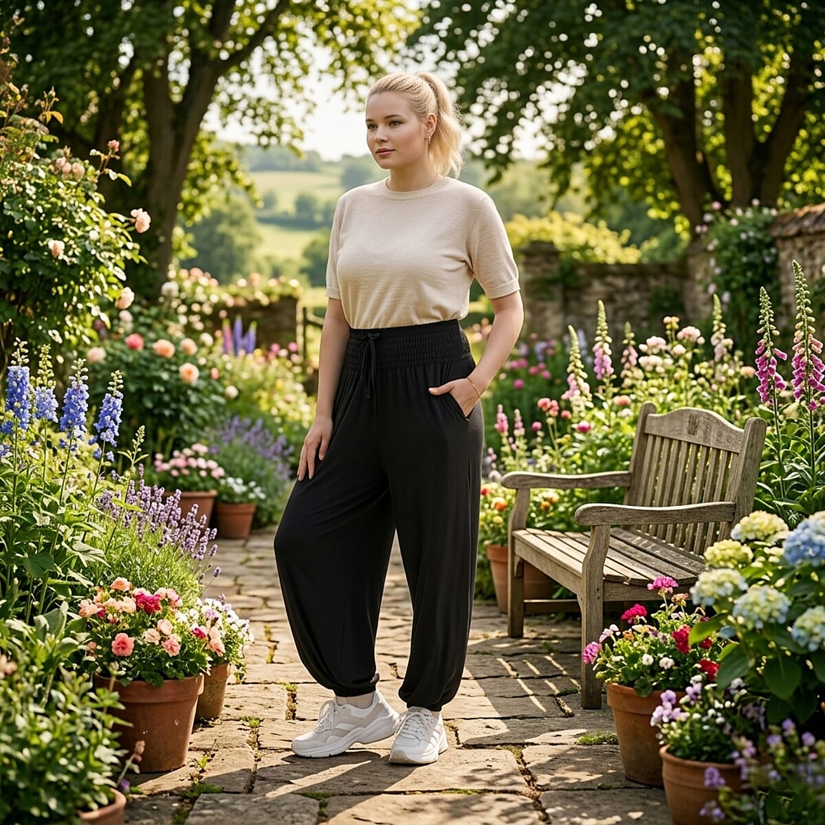 La Marey Black knit Wear Smocked Waist Pants with Elastic Ankles image number 1