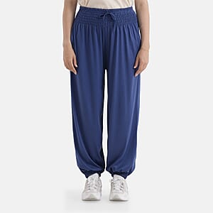 La Marey Blue knit Wear Smocked Waist Pants with Elastic Ankles