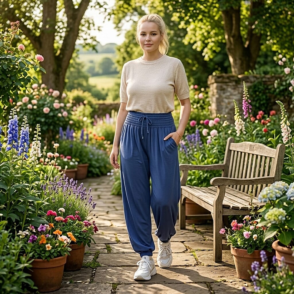 La Marey Blue knit Wear Smocked Waist Pants with Elastic Ankles