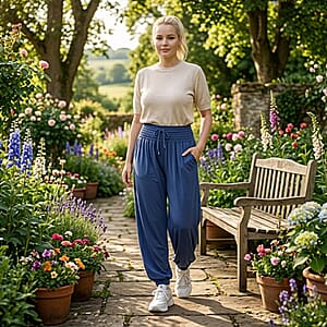 La Marey Blue knit Wear Smocked Waist Pants with Elastic Ankles