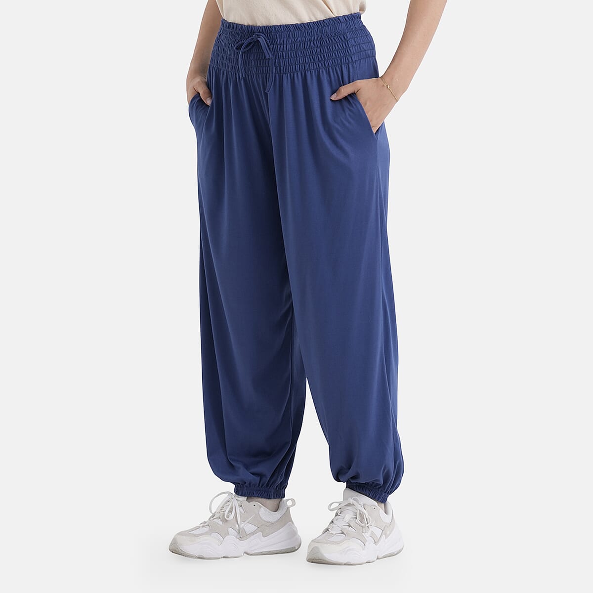 La Marey Blue knit Wear Smocked Waist Pants with Elastic Ankles image number 3
