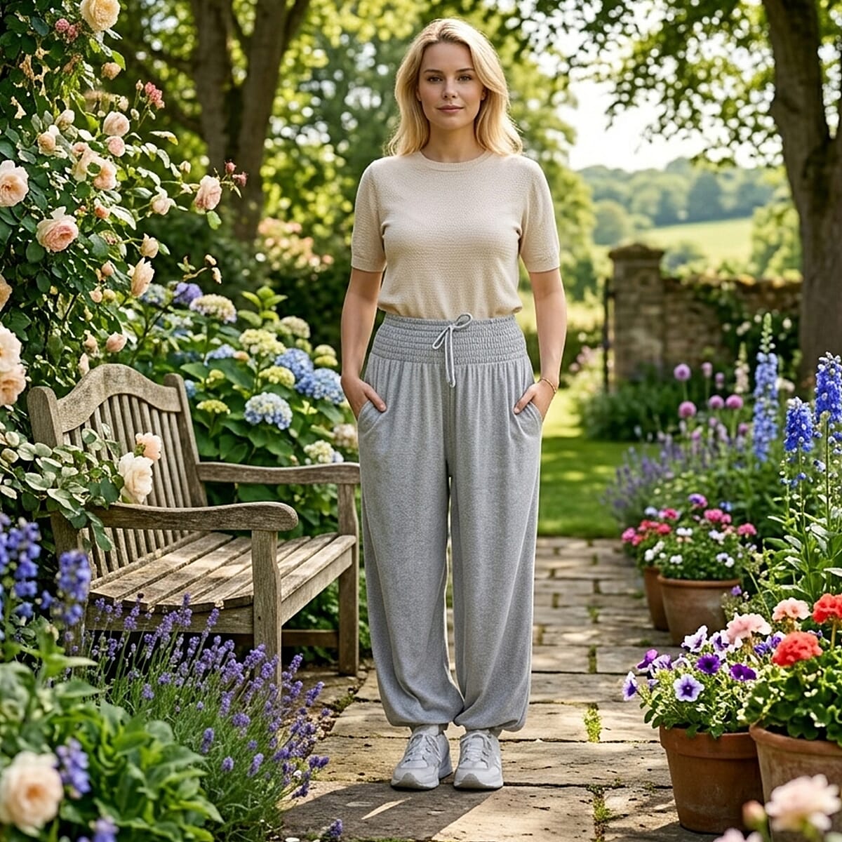 La Marey Gray knit Wear Smocked Waist Pants with Elastic Ankles image number 1