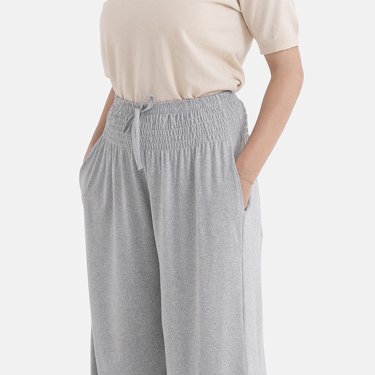 La Marey Gray knit Wear Smocked Waist Pants with Elastic Ankles image number 4