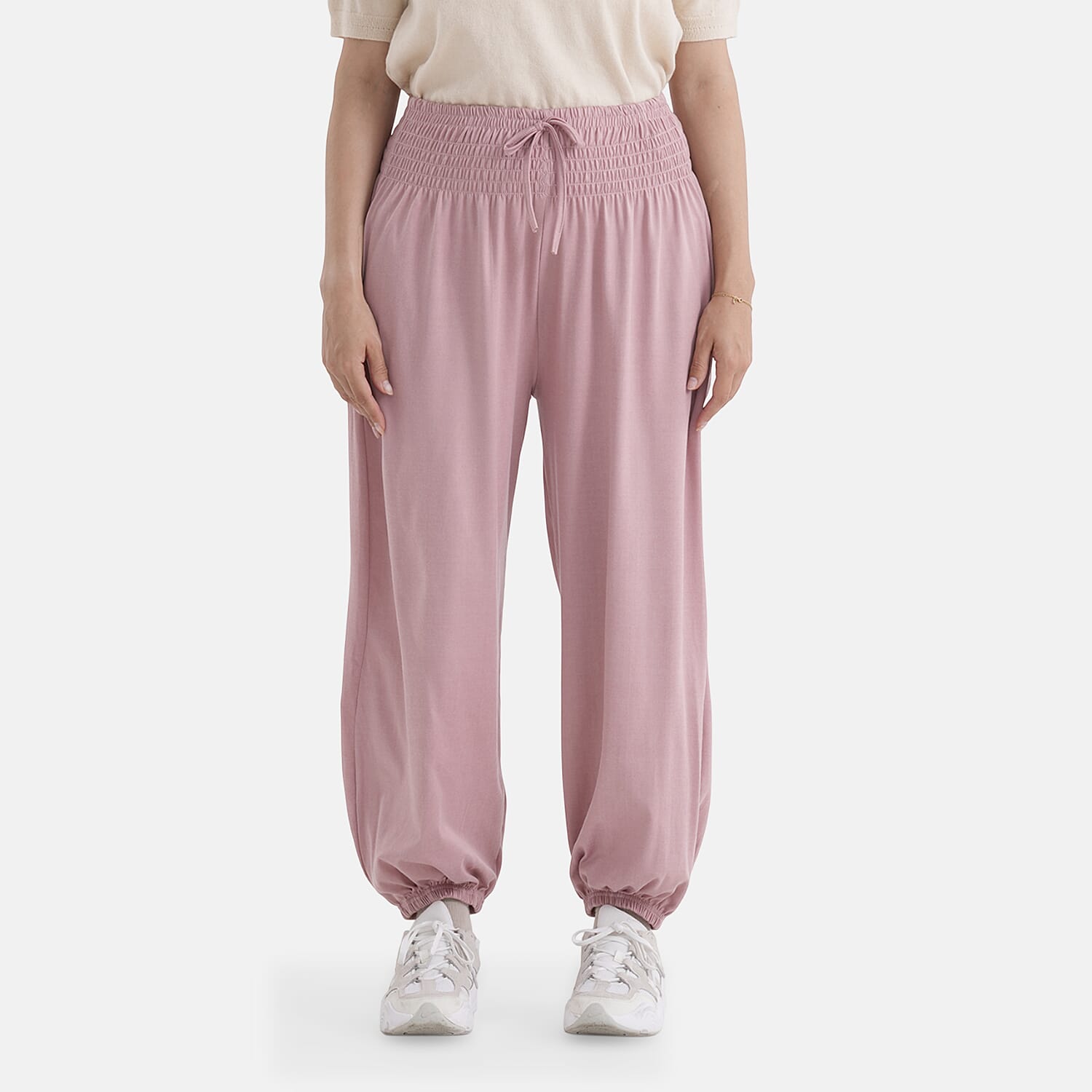 La Marey Pink knit Wear Smocked Waist Pants with Elastic Ankles