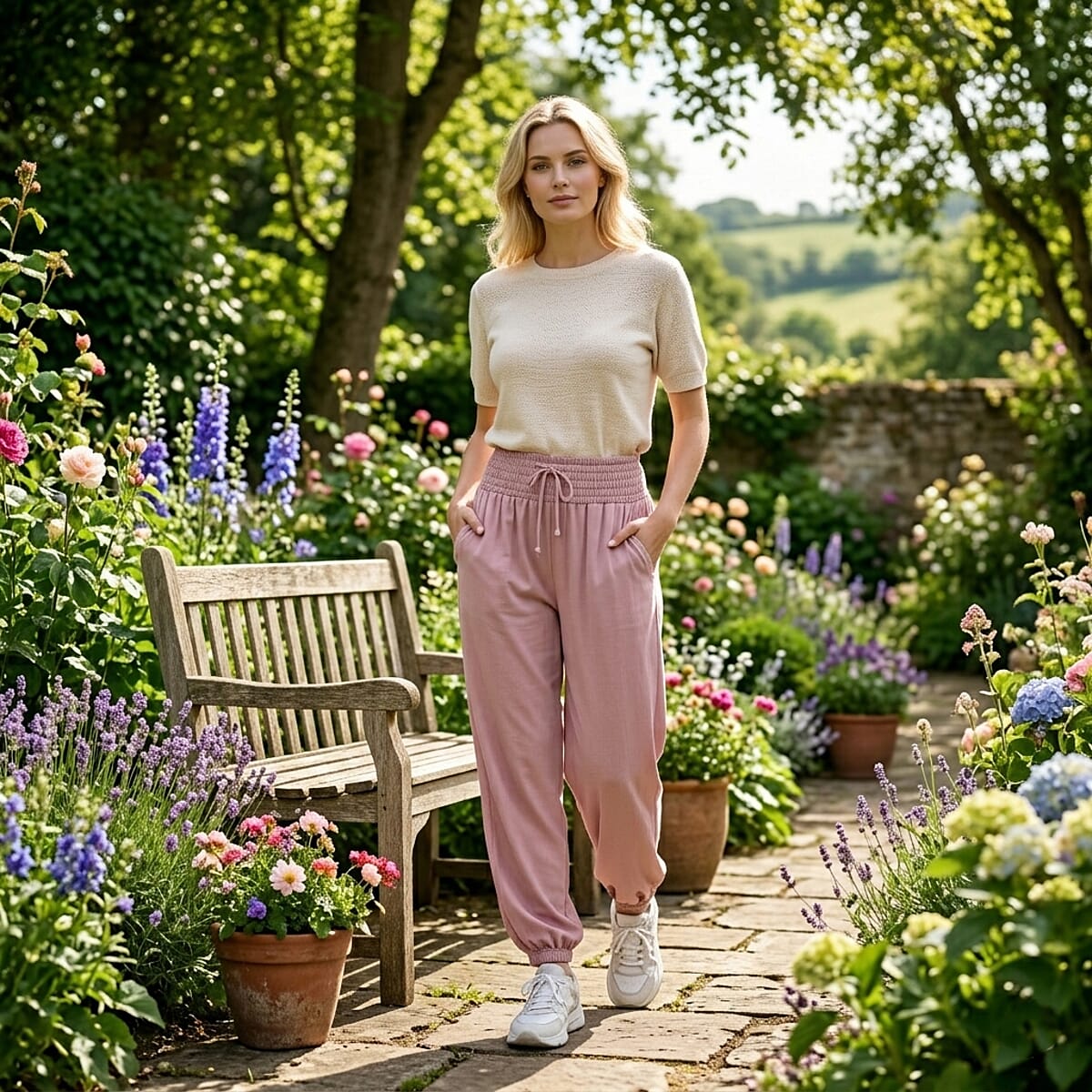 La Marey Pink knit Wear Smocked Waist Pants with Elastic Ankles image number 1