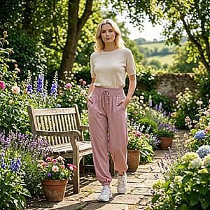 La Marey Pink knit Wear Smocked Waist Pants with Elastic Ankles