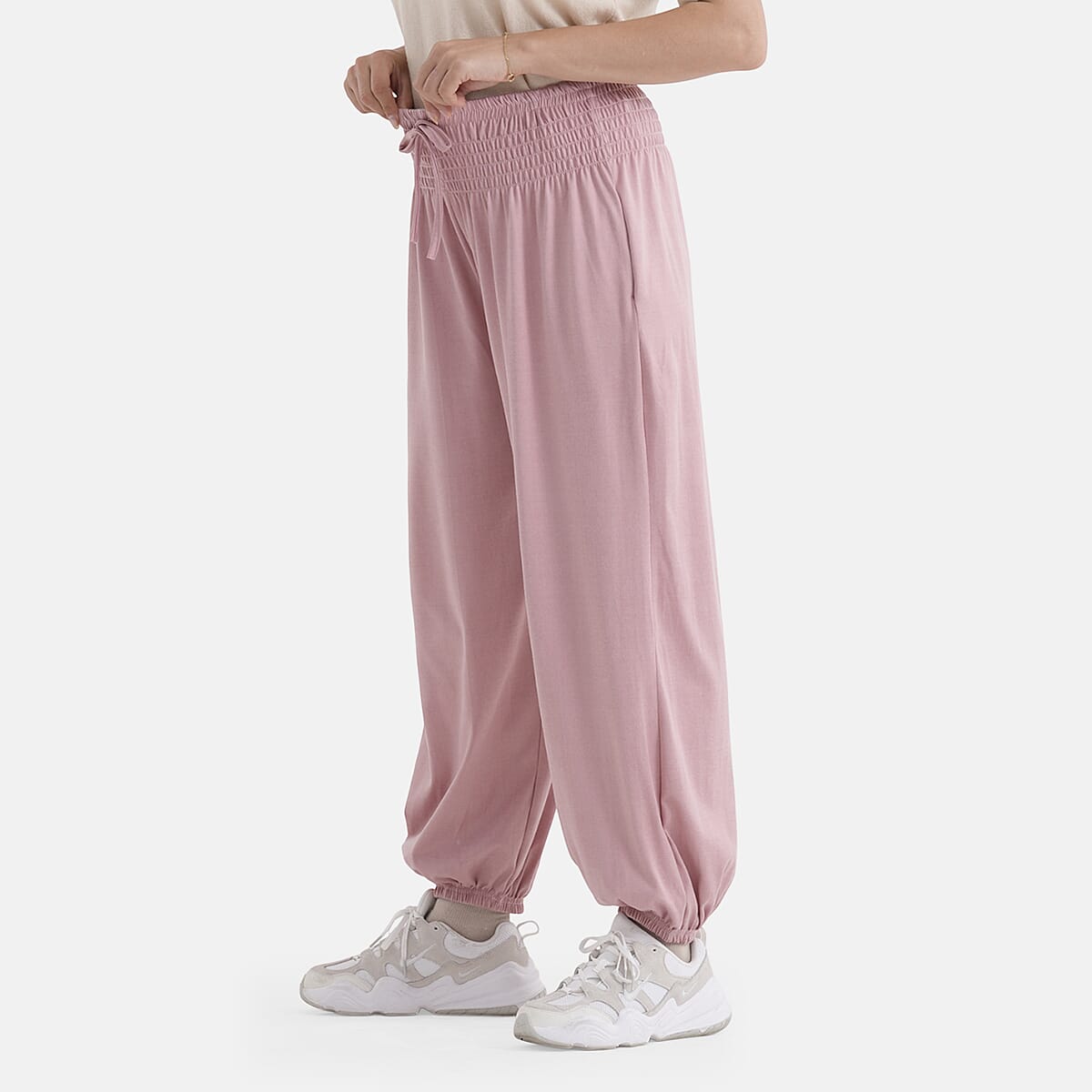La Marey Pink knit Wear Smocked Waist Pants with Elastic Ankles image number 3