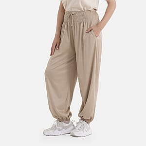 La Marey Brown knit Wear Smocked Waist Pants with Elastic Ankles