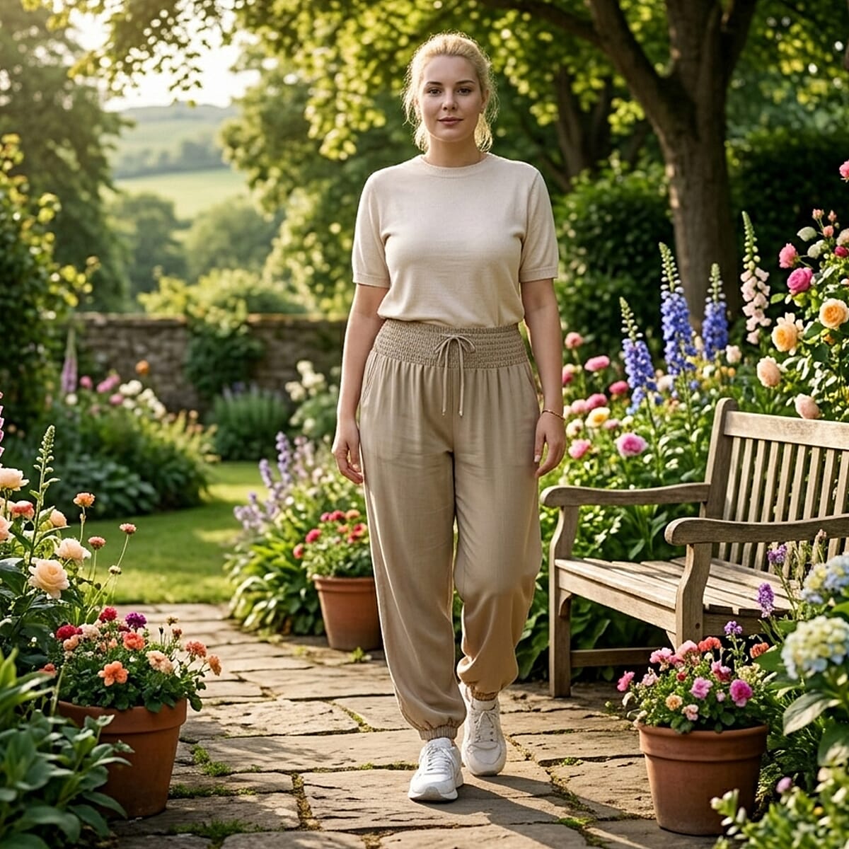 La Marey Brown knit Wear Smocked Waist Pants with Elastic Ankles image number 1