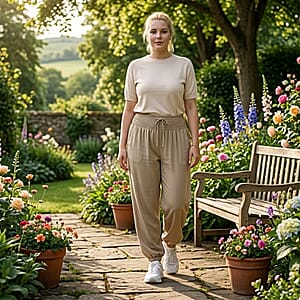 La Marey Brown knit Wear Smocked Waist Pants with Elastic Ankles