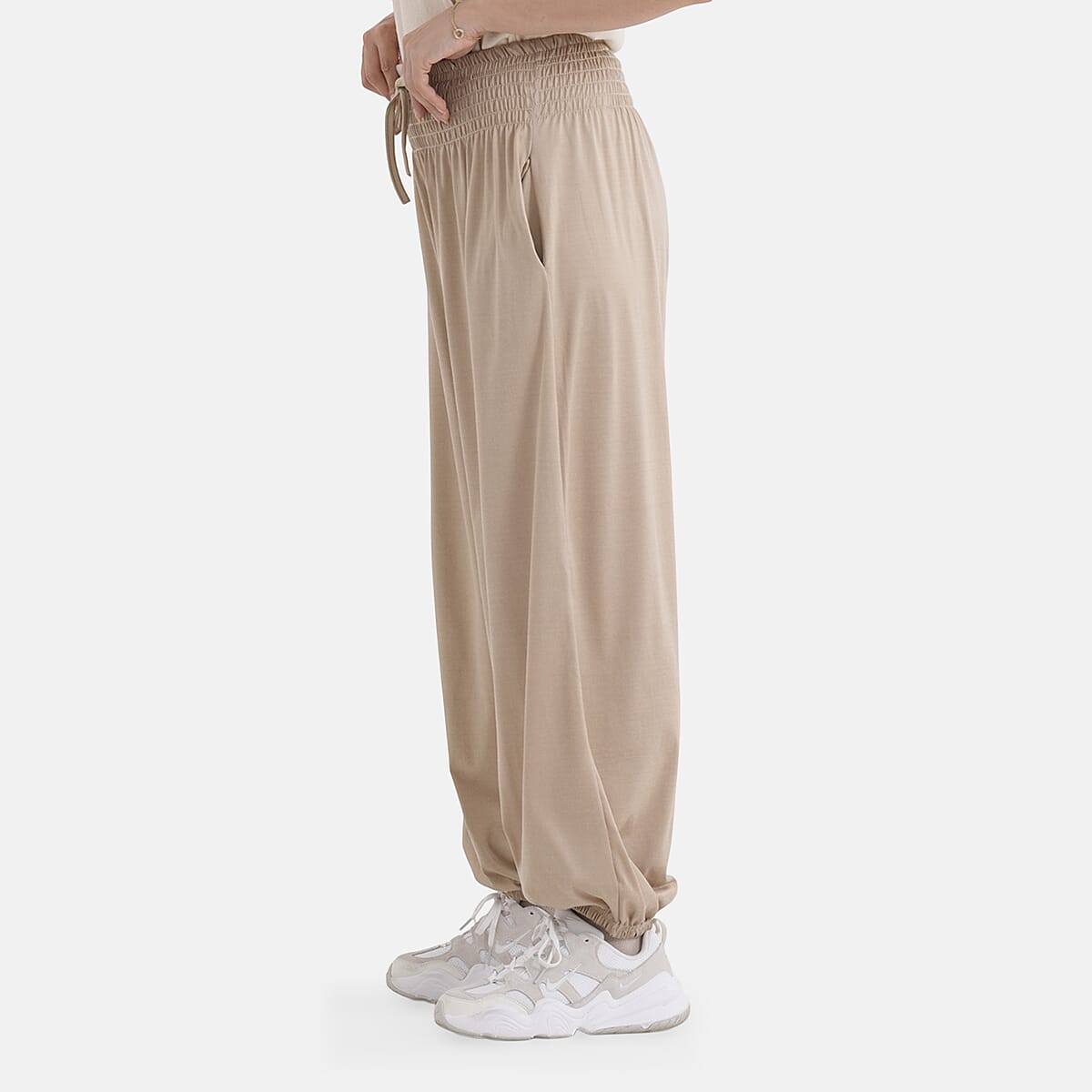 La Marey Brown knit Wear Smocked Waist Pants with Elastic Ankles image number 3