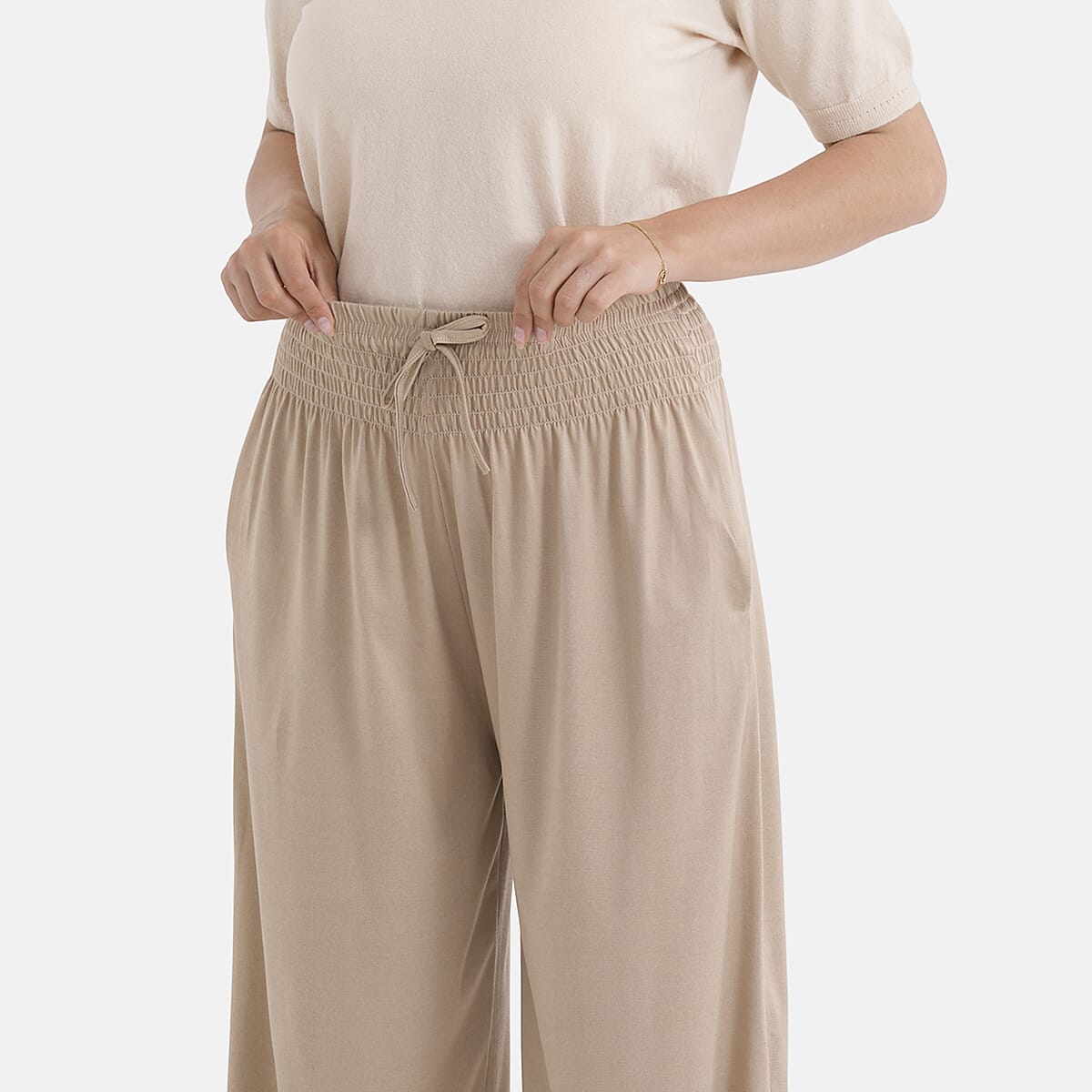 La Marey Brown knit Wear Smocked Waist Pants with Elastic Ankles image number 4