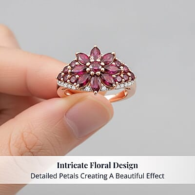 D'Joy Premium Anthill Garnet and Moissanite 2.30 ctw Floral Embrace Ring in 18K Vermeil Rose Gold Over Sterling Silver (Size 7.0)