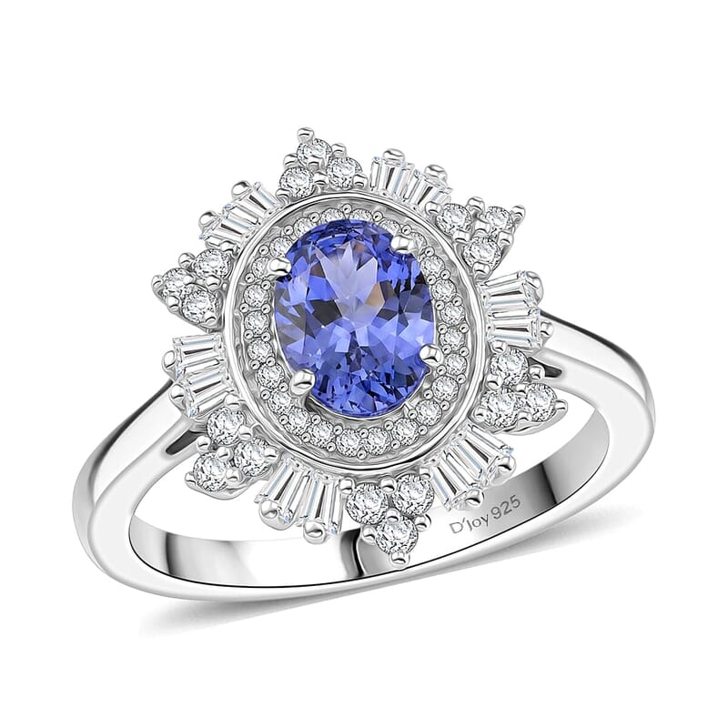 D'Joy Tanzanite and Moissanite 1.60 ctw Azure Starburst Ring in Rhodium Over Sterling Silver (Size 10.0)