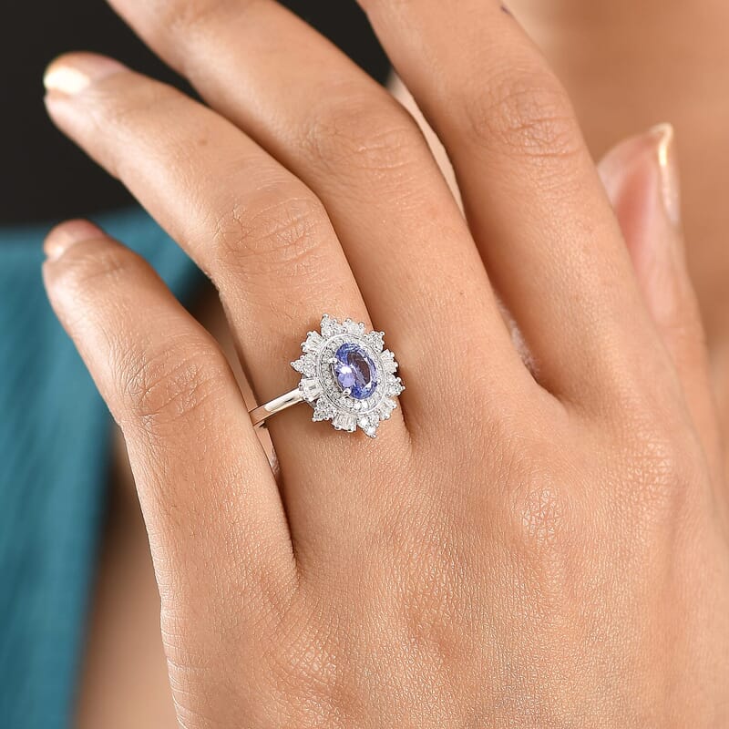 D'Joy Tanzanite and Moissanite 1.60 ctw Azure Starburst Ring in Rhodium Over Sterling Silver (Size 10.0)