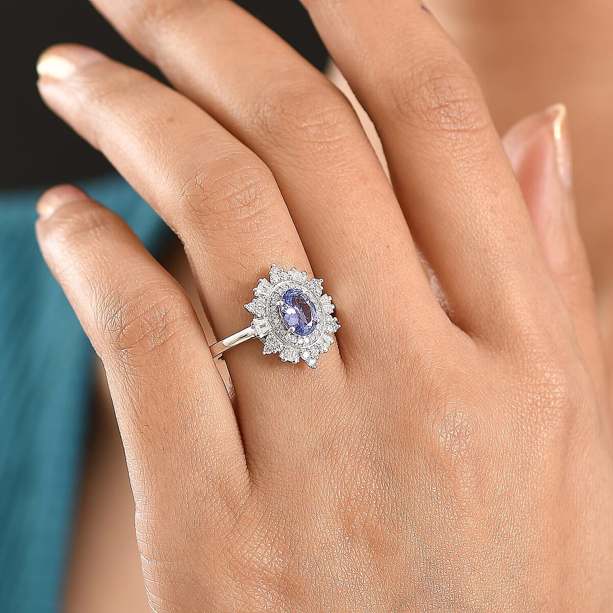 D'Joy Tanzanite and Moissanite 1.60 ctw Azure Starburst Ring in Rhodium Over Sterling Silver (Size 5.0) image number 2
