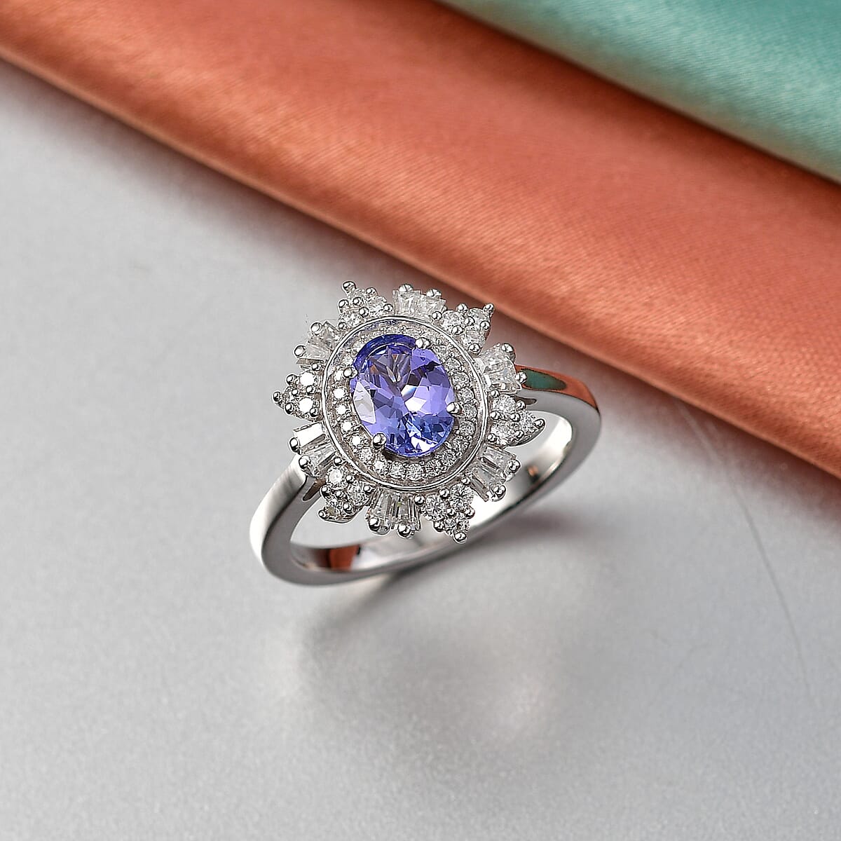 D'Joy Tanzanite and Moissanite 1.60 ctw Azure Starburst Ring in Rhodium Over Sterling Silver (Size 6.0) image number 1