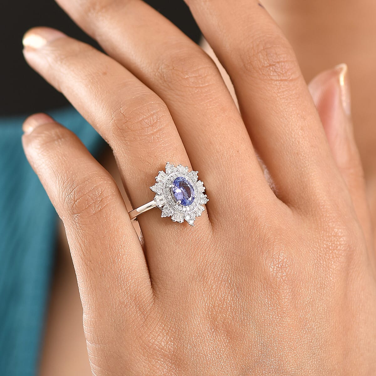D'Joy Tanzanite and Moissanite 1.60 ctw Azure Starburst Ring in Rhodium Over Sterling Silver (Size 7.0) image number 2