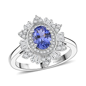 D'Joy Tanzanite and Moissanite 1.60 ctw Azure Starburst Ring in Rhodium Over Sterling Silver (Size 9.0)