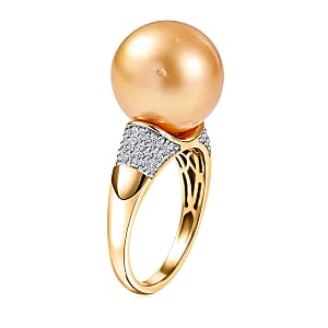South Sea Golden Cultured Pearl and Luxuriant Lab Grown Diamond G-H SI 0.30 ctw Ring in 18K Vermeil Yellow Gold Over Sterling Silver (Size 6.0)