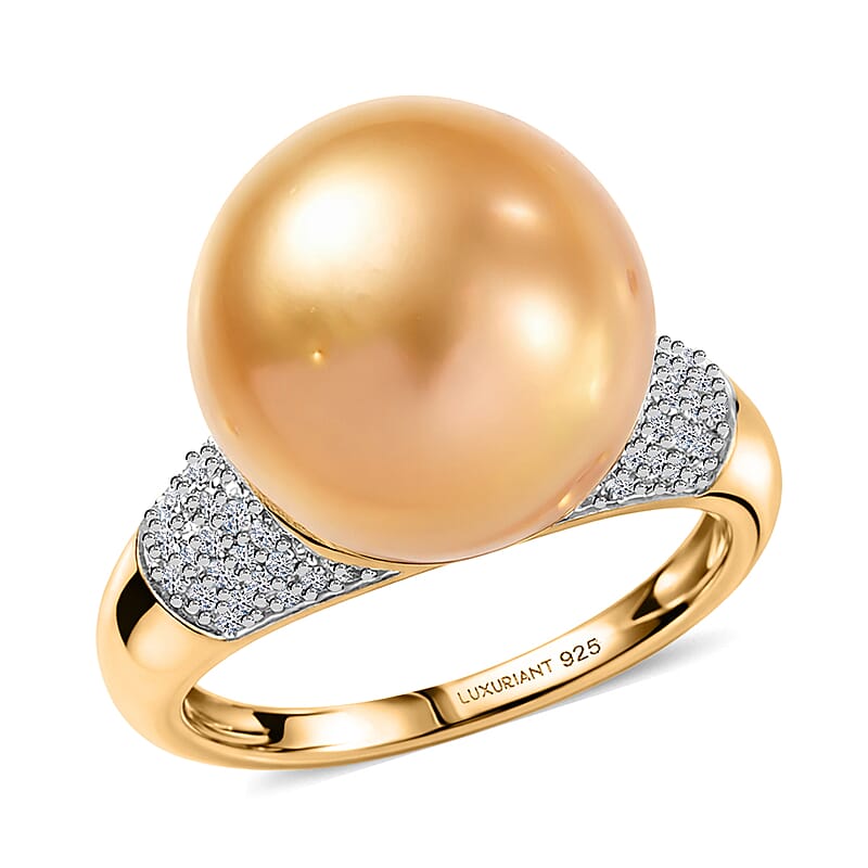South Sea Golden Cultured Pearl and Luxuriant Lab Grown Diamond G-H SI 0.30 ctw Ring in 18K Vermeil Yellow Gold Over Sterling Silver (Size 7.0)