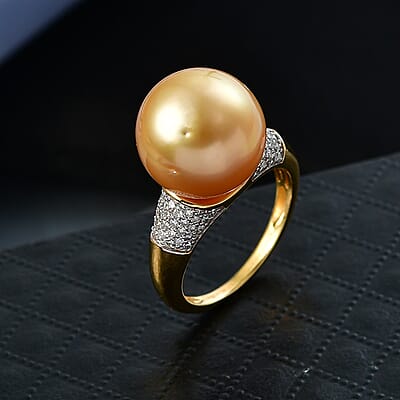 South Sea Golden Cultured Pearl and Luxuriant Lab Grown Diamond G-H SI 0.30 ctw Ring in 18K Vermeil Yellow Gold Over Sterling Silver (Size 8.0)