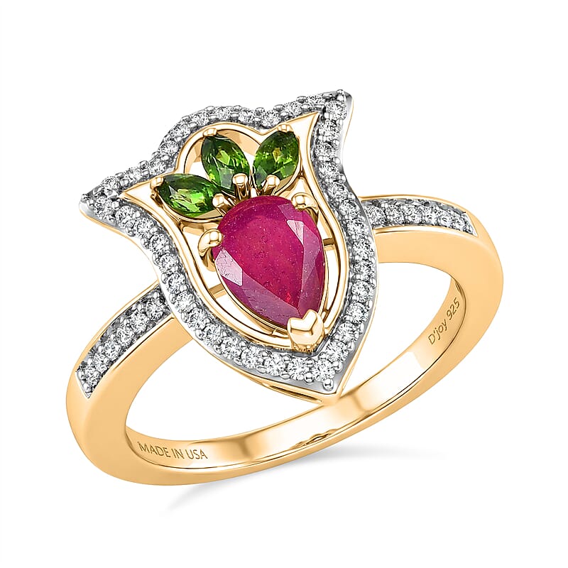D'Joy Passport to Israel Premium Niassa Ruby (FF) and Multi Gemstone 1.65 ctw Ring in 18K Vermeil Yellow Gold Over Sterling Silver (Size 6.0)