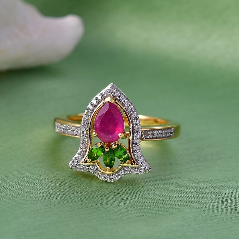 D'Joy Passport to Israel Premium Niassa Ruby (FF) and Multi Gemstone 1.65 ctw Ring in 18K Vermeil Yellow Gold Over Sterling Silver (Size 9.0)