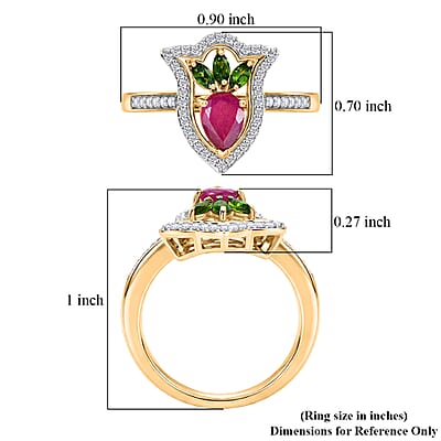 D'Joy Passport to Israel Premium Niassa Ruby (FF) and Multi Gemstone 1.65 ctw Ring in 18K Vermeil Yellow Gold Over Sterling Silver (Size 9.0)