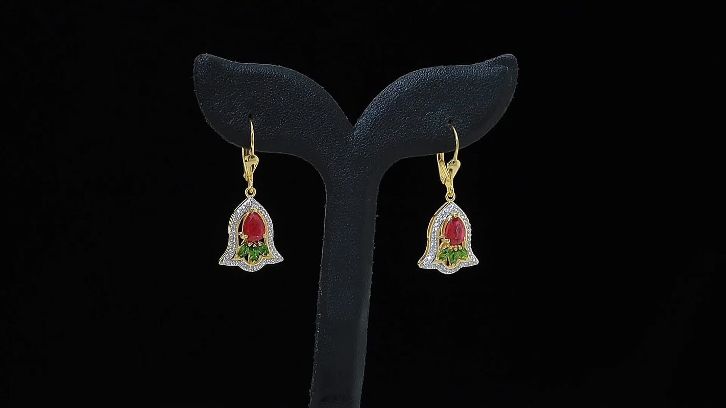 D'Joy Artistry to Israel Premium Niassa Ruby (FF) and Multi Gemstone 3.20 ctw Earrings in 18K Vermeil Yellow Gold Over Sterling Silver