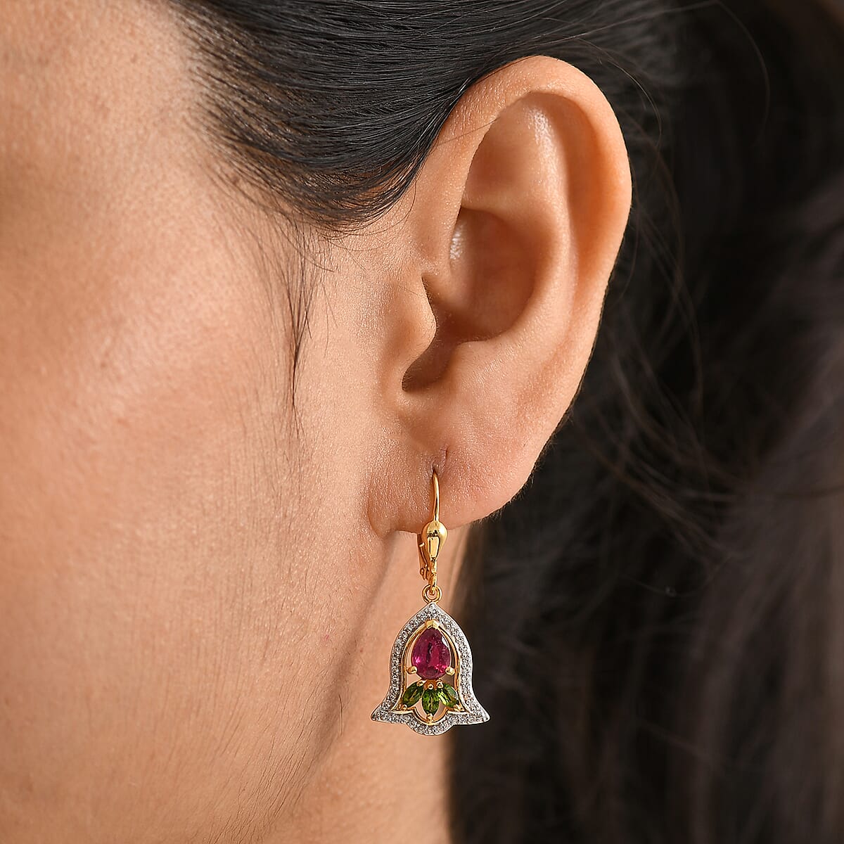 D'Joy Passport to Israel Premium Niassa Ruby (FF) and Multi Gemstone 3.20 ctw Earrings in 18K Vermeil Yellow Gold Over Sterling Silver image number 2