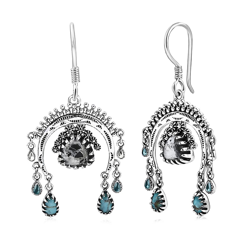 D'Joy Artisan Crafted Premium White Buffalo and Blue Moon Turquoise 3.70 ctw Earrings in Sterling Silver