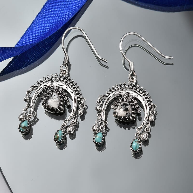 D'Joy Artisan Crafted Premium White Buffalo and Blue Moon Turquoise 3.70 ctw Earrings in Sterling Silver