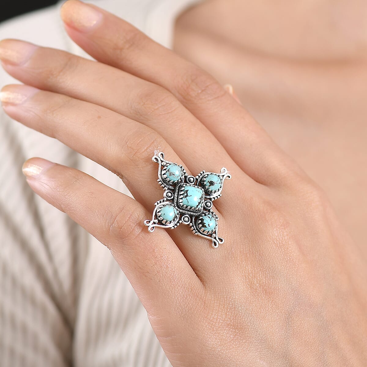 D'Joy Premium Blue Moon Turquoise Ring in Black Oxisised Sterling Silver (Size 10.0) 2.80 ctw image number 2