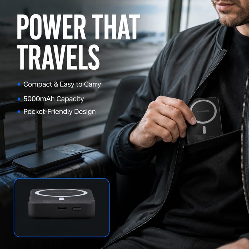 Livmore Black P5 Magnetic 5000mAh Power Bank with 5W Wireless Output