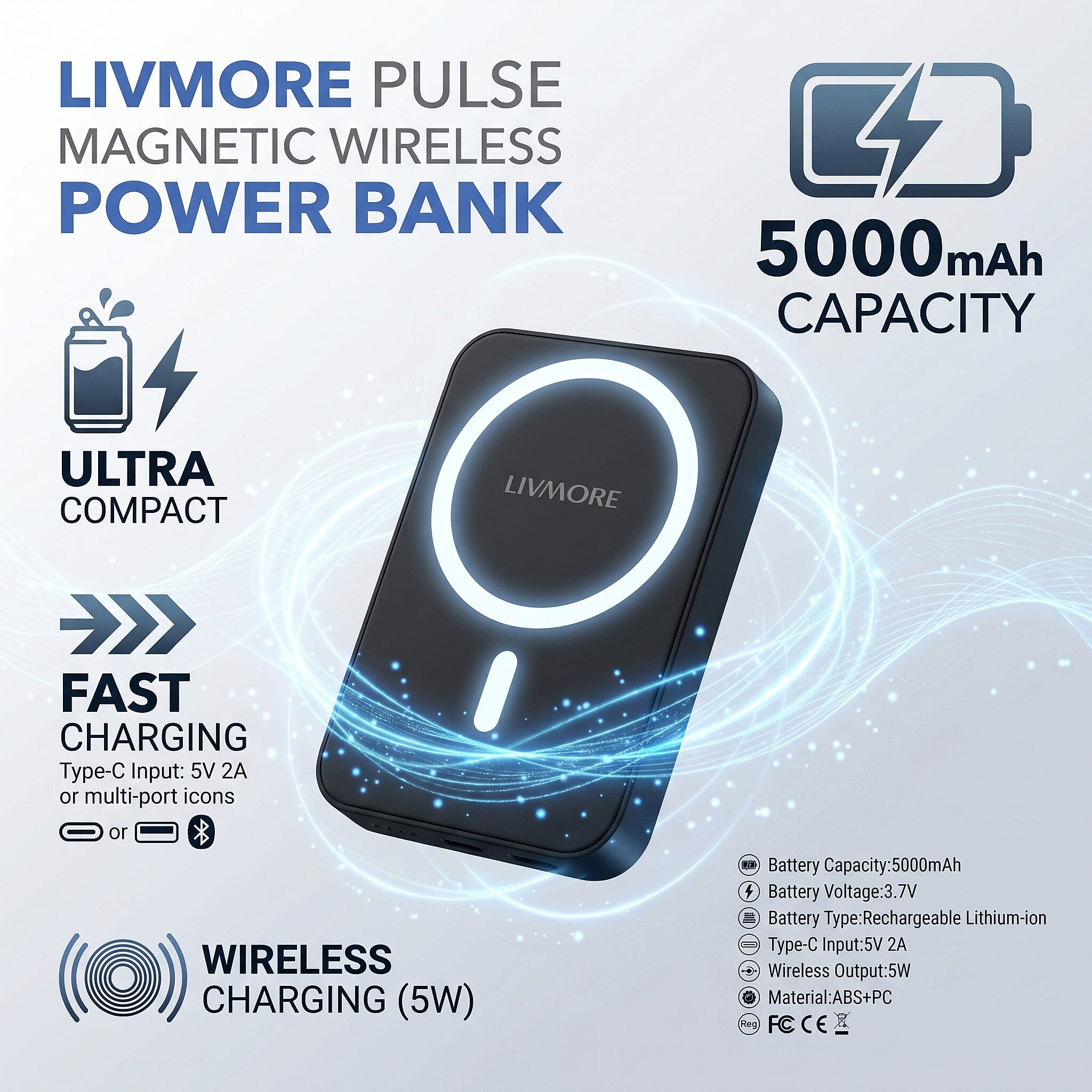 Livmore Black P5 Magnetic 5000mAh Power Bank with 5W Wireless Output