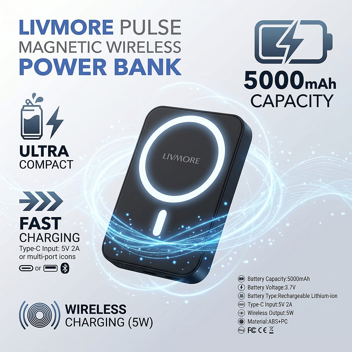 Livmore Black P5 Magnetic 5000mAh Power Bank with 5W Wireless Output image number 4