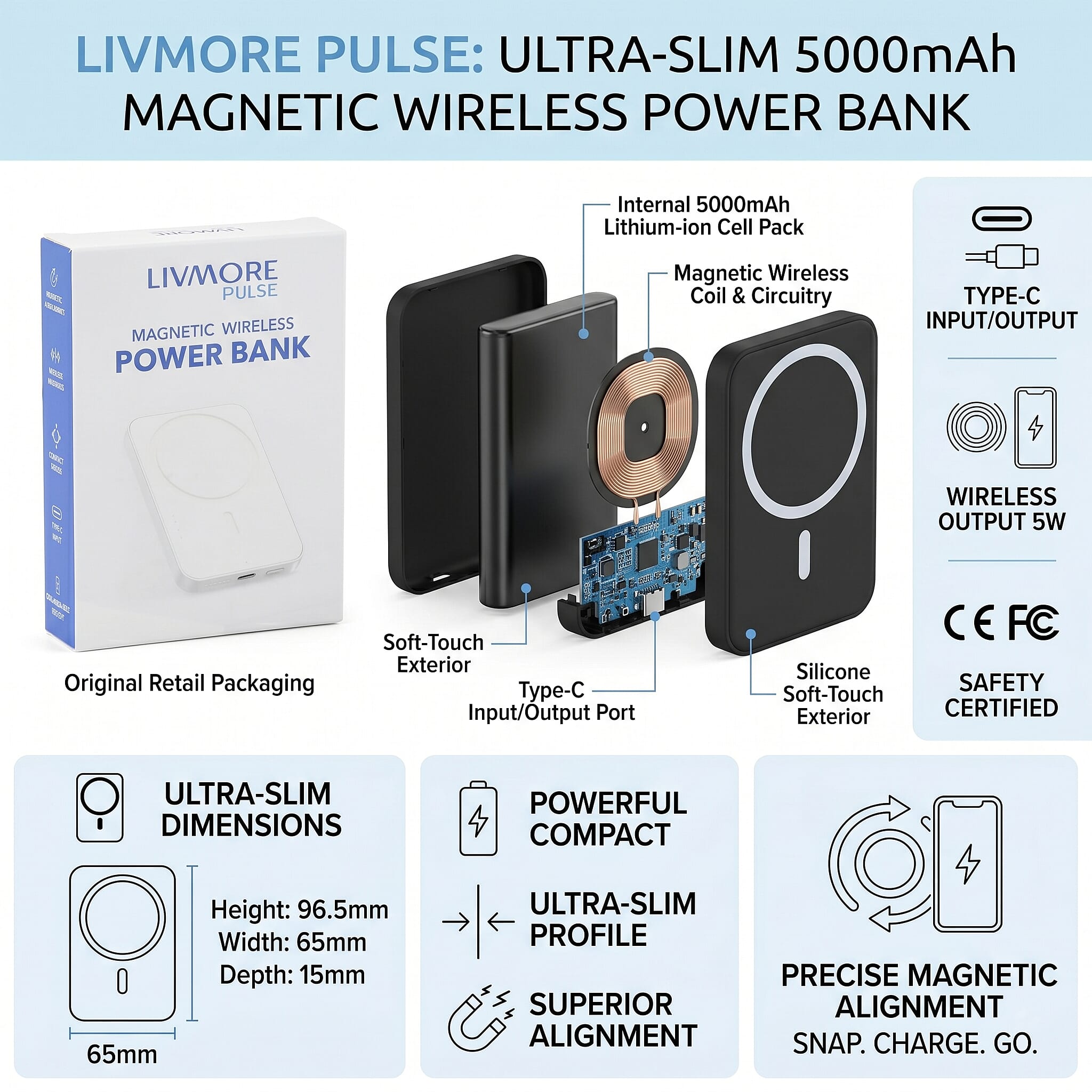 Livmore Black P5 Magnetic 5000mAh Power Bank with 5W Wireless Output