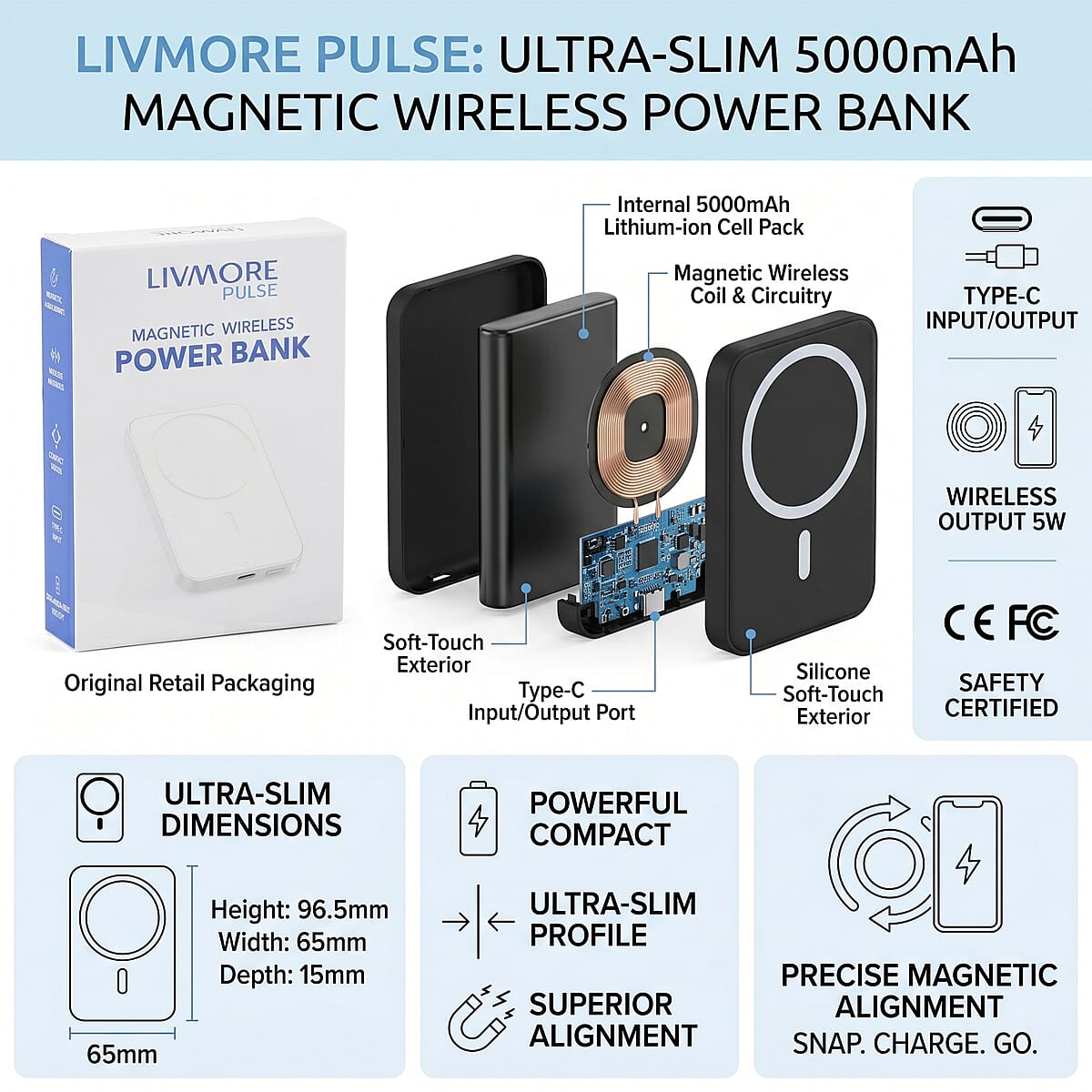 Livmore Black P5 Magnetic 5000mAh Power Bank with 5W Wireless Output image number 5