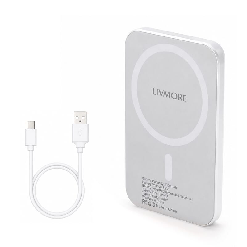 Livmore White P5 Magnetic 5000mAh Power Bank with 5W Wireless Output