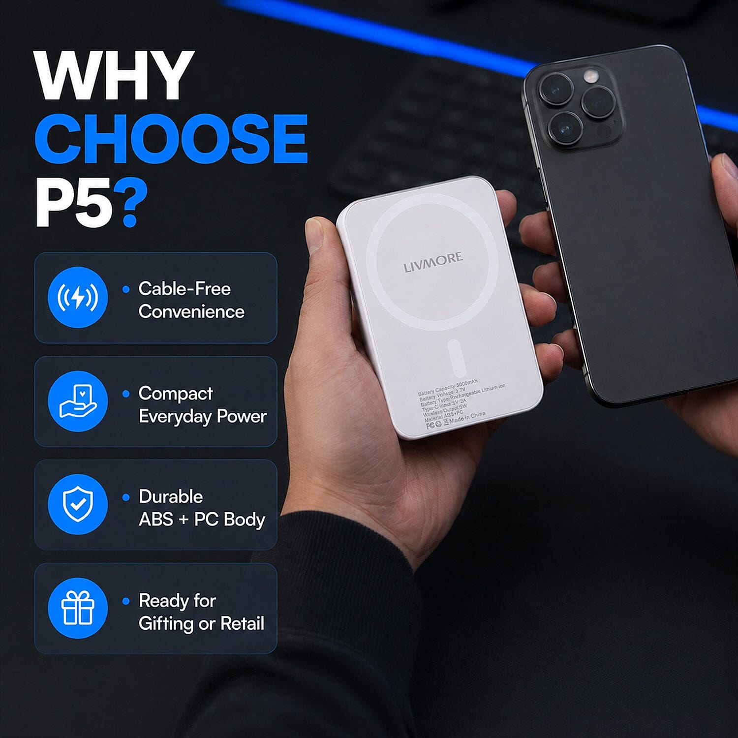 Livmore White P5 Magnetic 5000mAh Power Bank with 5W Wireless Output