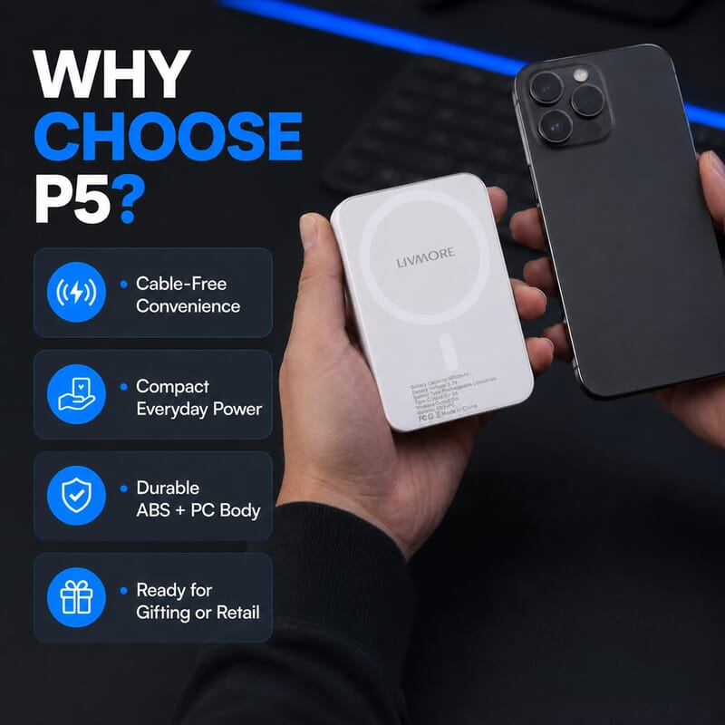 Livmore White P5 Magnetic 5000mAh Power Bank with 5W Wireless Output