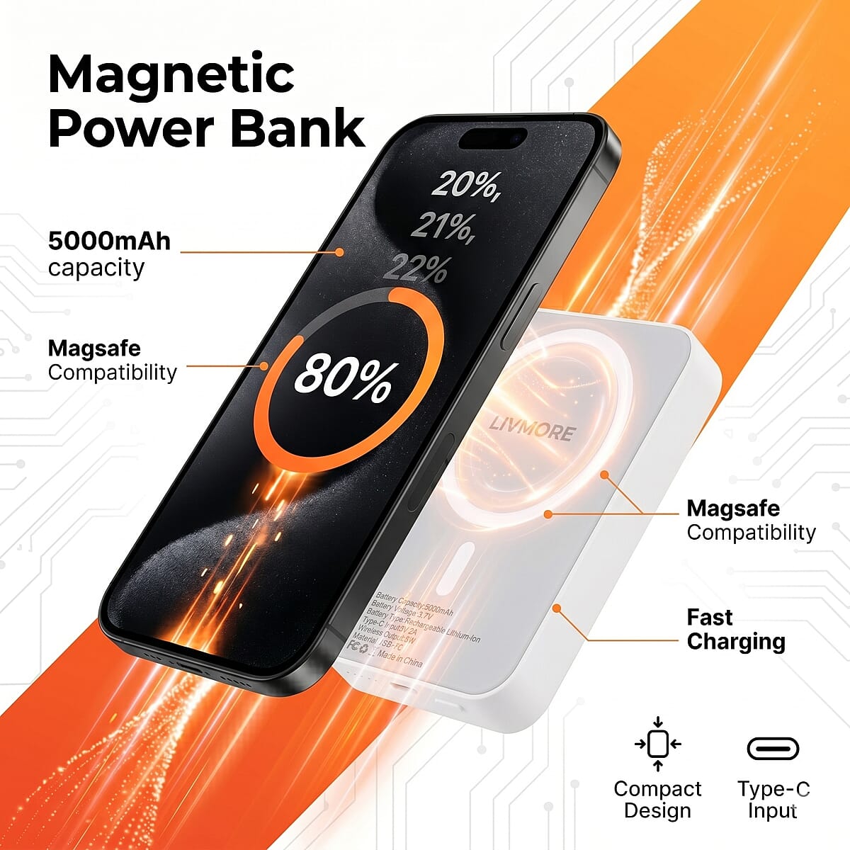 Livmore White P5 Magnetic 5000mAh Power Bank with 5W Wireless Output image number 2