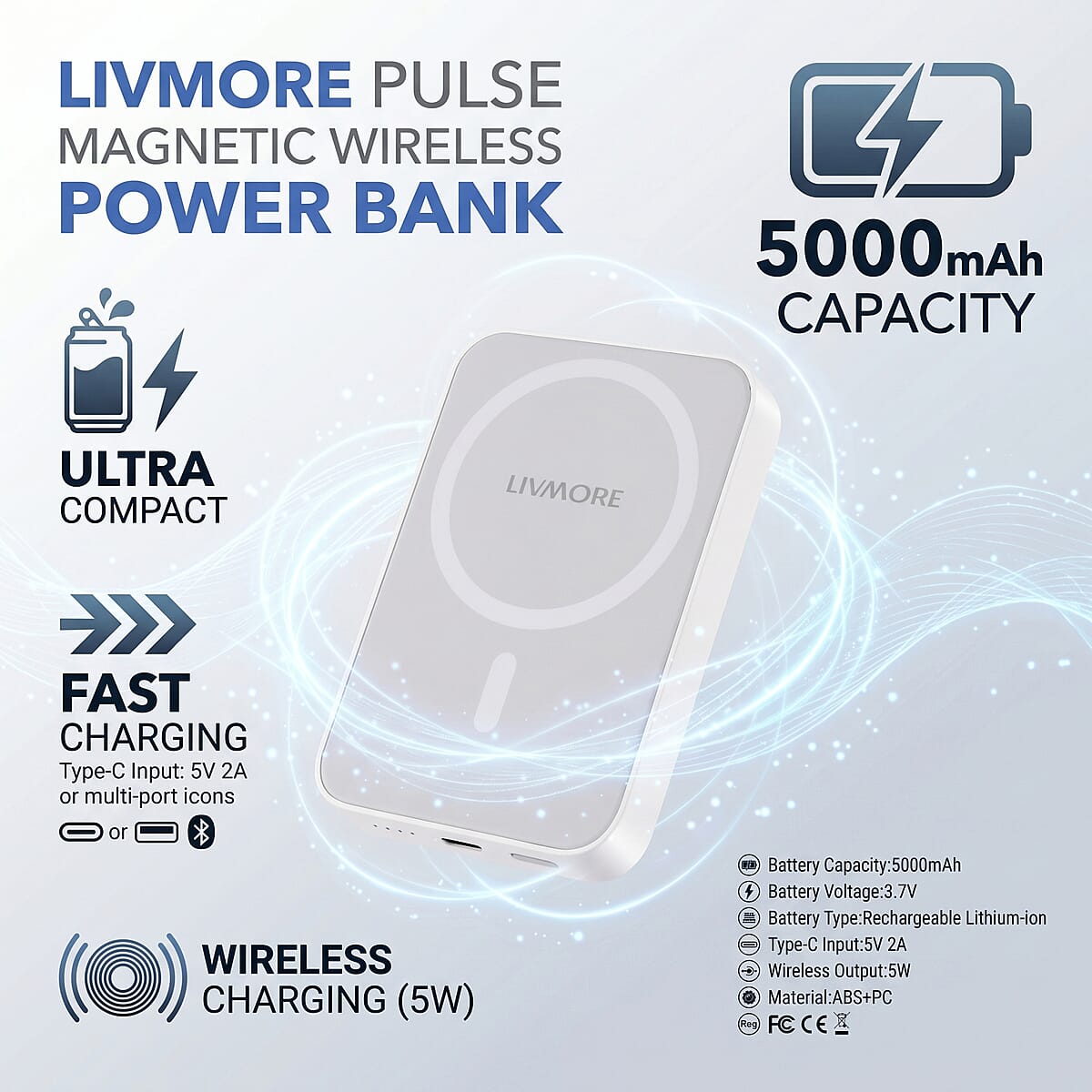 Livmore White P5 Magnetic 5000mAh Power Bank with 5W Wireless Output image number 4