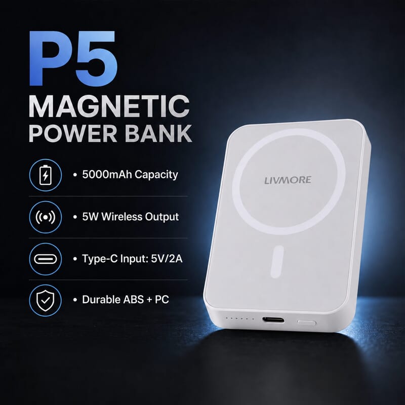 Livmore White P5 Magnetic 5000mAh Power Bank with 5W Wireless Output